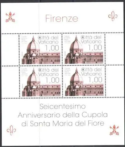 2018 Vatikan, Minifoglio Nr. 1797, 600. Jubiläum Kuppel von Santa Maria del Fiore, neu und einwandfrei - postfrisch **