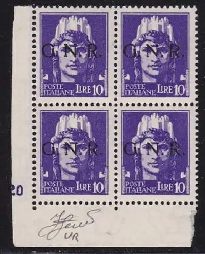 1944 RSI, Nr. 486 10 Lire violett MNH/** VIERTEL MIT TISCHNUMMER Signiert Olive