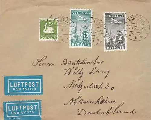 1936 Dänemark/Denmark, PA 8/9 + 229 auf Luftpostbrief von Hjallese nach Mannheim vom 16.1.36