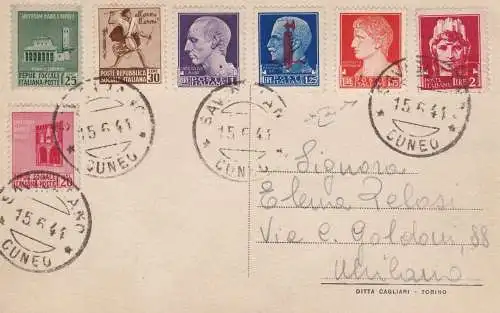 1944 Italienische Sozialrepublik - Postkarte aus Savigliano mit kaiserlicher Mischfrankatur / Zerstörte Denkmäler signiert Raybaudi