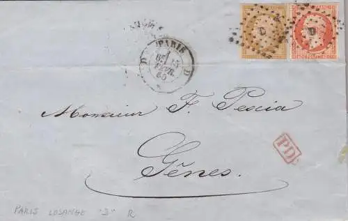 1860 FRANKREICH, Brief von Paris nach Genua frankiert mit Nr. 13 +16 STORNIERUNG 'D' Bureaux de quarter Type Baton