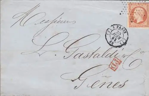 1862 FRANKREICH, 40c. Nr. 16 auf Brief nach Genua mit Stern-/Sternstempel