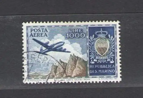 1954 SAN MARINO, Luftpost, Nr. 112, Flugzeug Ansicht und Wappen, GEBRAUCHT