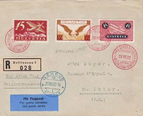 1932 SCHWEIZ, Europa Rundflug SF 32.9 Bellinzona-Genf Luftpost Einschreiben signiert Raybaudi