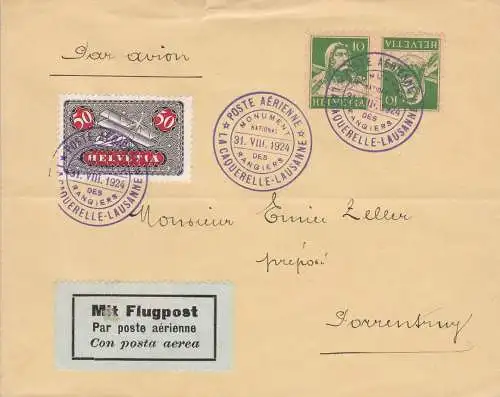 1924 SCHWEIZ, Flug La Caquerelle-Lausanne SF 24.6