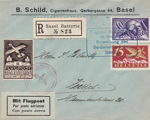 1925 SCHWEIZ, Flug Basel-Zürich Einschreiben Luftpost mit Sondervignette