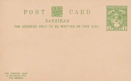 1899 SANSIBAR, POSTKARTE + ANTWORT HG 11 1/2+1/2 Anna Gelb Grün