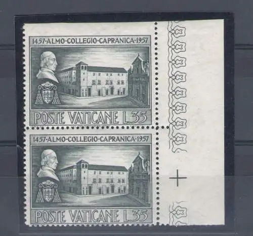 1957 VATIKAN - Nr. 225a Capranica 35 Lire Schiefer oben ungezähnt im Paar mit der Normalmarke, Signatur A. Diena MNH **