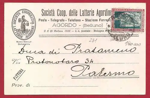 1928 Italien - frankiert mit Nr. 231 auf der Rückseite 10-Cent-Stempelmarke. Nr. 12