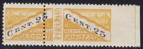 1946 SAN MARINO, Postpakete Nr. 19/IIia 25c. schwarz-gelb MLH/*