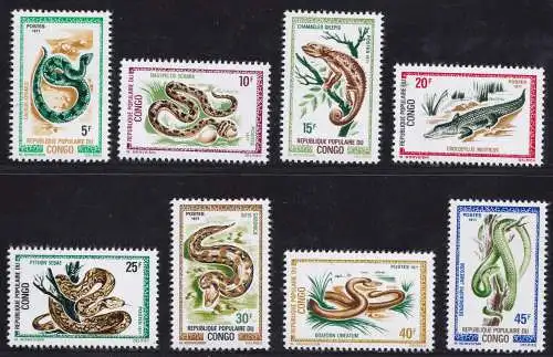 1971 KONGO - Reptilien, Yvert Nr. 289/296 Serie mit 8 Werten MNH/**