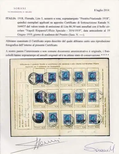 1918 Italien - Floreale Lire 5, Presto Nazionale 1918, 15 Exemplare