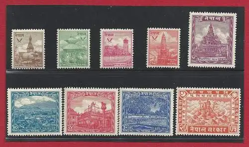 1949 NEPAL, Stanley Gibbons Nr. 64-72, Nepalesische Tempel - komplette Serie - postfrisch **