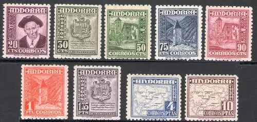 1948 Spanien Andorra, Nr. 42-50 Verschiedene Themen, 9 Werte - postfrisch **