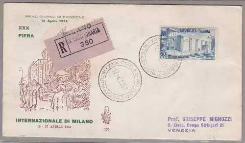 1952 Italien, 30. Messe Mailand Nr. 685 Venetien, Einschreiben Reise