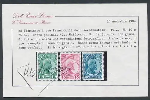 1912 Liechtenstein, n. 1/3, Johannes II., 3 Werte, gestrichenes Papier, postfrisch**