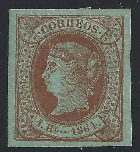 1864 SPANIEN, Nr. 63 1 r. braun auf grün MH*