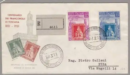 1951 Italia, Serie Toscana n. 653/654, Venedig Einschreiben nach Pisa