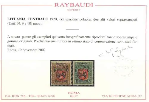 1920 Zentrallitauen, Polnische Besetzung Nr. 1/10, MH* - Raybaudi Zertifikat