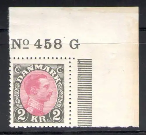 1921-28 DÄNEMARK, 2 Kronen in Essiggrau, Nr. 148 Blattecke mit Tafelnummer Nr. 458 postfrisch **