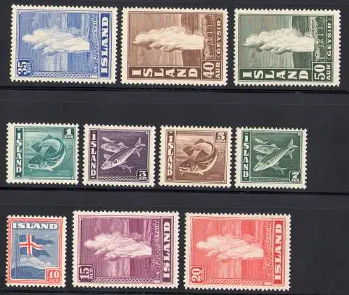 1938-39 ISLAND, verschiedene Motive, Ordentliche Serie, Fische und Vulkane, Nr. 171-180 postfrisch **