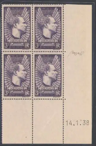 1938 FRANKREICH - 3 FR. Violetto Grigio, Aviatore Jean Mermoz Nr. 338b Catalogo Maury 1 val, Quartina Coin dateè (14.01.1938) postfrisch **