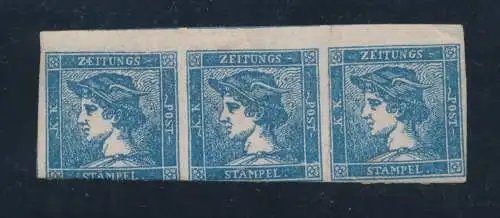 1851 LOMBARDO VENETO, Zeitungsmarken, Nr. 2 - 3 Cent hellblau Typ II, 3er Streifen, DEFEKT - LH *