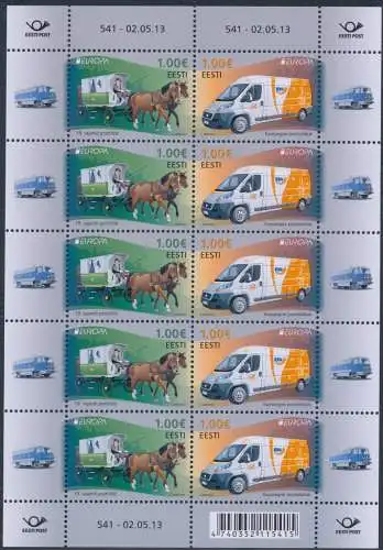 2013 EUROPA CEPT, Estland, 1 Kleinbogen mit 5 Werten paarweise, Postfahrzeuge, postfrisch **