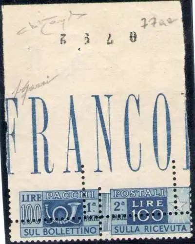 1946-1951 Italienische Republik, filigrane Radpostpakete, 100 Lire hellblau, oben ungezähnt und doppelt gezahnt, Raybaudi-Signatur im weiteren Sinne, postfrisch**!!!