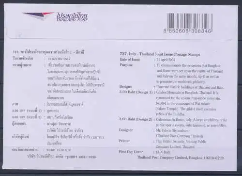 2004 Thailand Stiftung Rom - Bangkok Gemeinschaftsausgabe - 1 Paar auf offiziellem Umschlag, 21.04.2004 Offizielle Annullierung