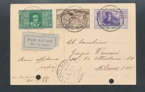 1932 - 23.3.1932 - Dante Alighieri Postkarte von Rom nach Mailand - Luftpost - 3 Werte - Nr. 306+ A26/27