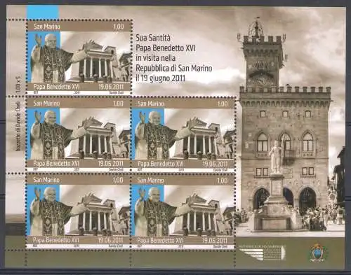 2011 San Marino, Besuch von Papst Benedikt XVI. an die Republik San Marino, BF 110, 5-Werte-Bogen, postfrisch**