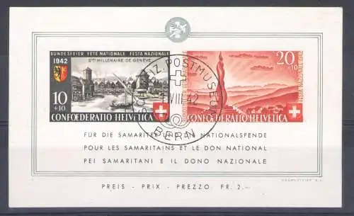 1942 SCHWEIZ, BF Nr. 7 Pro Patria - Zweitausendjährige Stadt Genf - Gebraucht - Diena Zertifikat