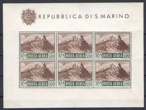 1951 SAN MARINO, Ansichtsblatt 500 Lire Bruno, Nr. 12 - Wunderschön ohne Falten - MNH ** Raybaudi Gold Zertifikat