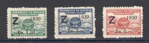 1930 Bolivien, Luftpost, Yvert Katalog Nr. 3G/3J, Überdruckt - 3 MH-Werte*