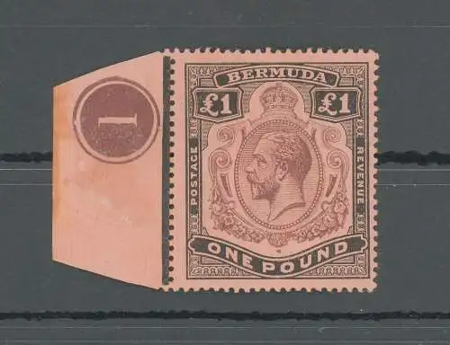 1918-22 BERMUDA, Stanley Gibbons Nr. 55, GEORGE V Portrait, 1 £ lila und schwarz/rot, postfrisch** - Plate Number