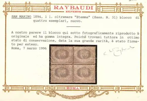 1894 San Marino, Sächsischer Katalog Nr. 31 - 1 Übersee-Lira Viererblock - postfrisch** - Raybaudi Gold Zertifikat