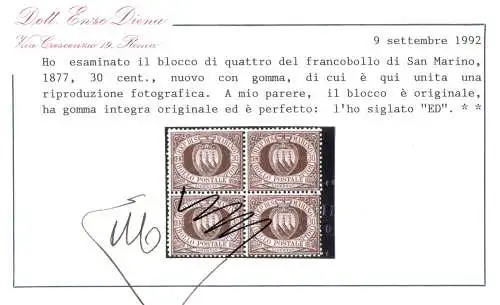 1877 San Marino, Sächsischer Katalog Nr. 6, 30 Cent braun - Diskrete Zentrierung - MNH** - Fotokopie Zertifikat Enzo Diena