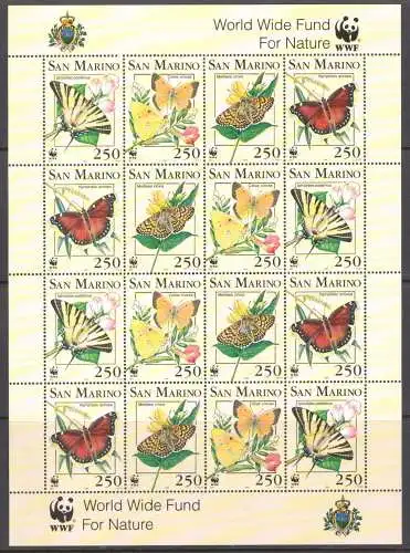 1993 San Marino, Kleinbogen Schmetterlinge, WWF - Naturschutz - Kleinbogen mit 16 Werten - postfrisch **