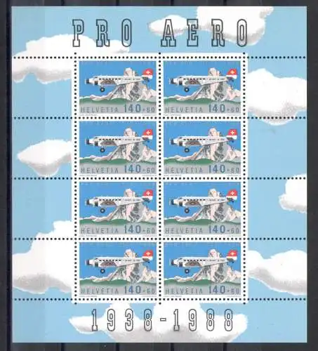 1988 SCHWEIZ, Luftpost Nr. 49, MiniBlatt Cinquantenario Pro Aereo, Kleinbogen mit 8 Exemplaren, postfrisch **