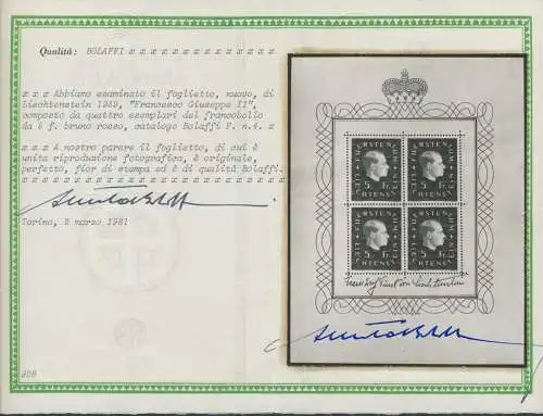 1939 Liechtenstein, Bogen Nr. 4, Bildnis Prinz Franz Joseph II., POSTFRISCH** - Bolaffi Zertifikat