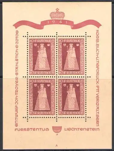 1941 Liechtenstein - BF 5, Bogen Madonna di Dux, postfrisch **