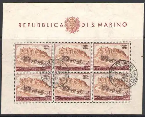 1951 San Marino, Flugpostbogen 300 Lire braun Nr. 10, gebraucht