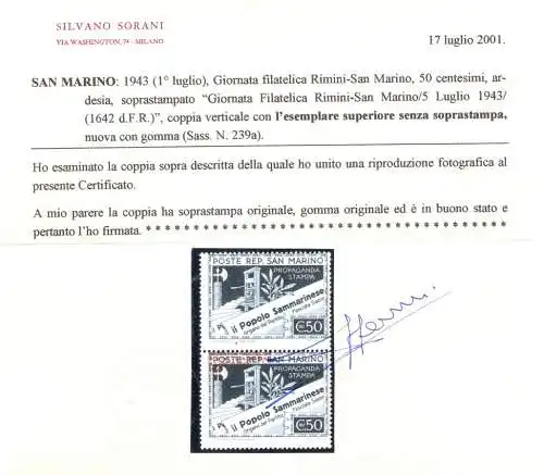 1943 San Marino, Nr. 239b Paar davon eines ohne Aufdruck - MNH ** SORTE