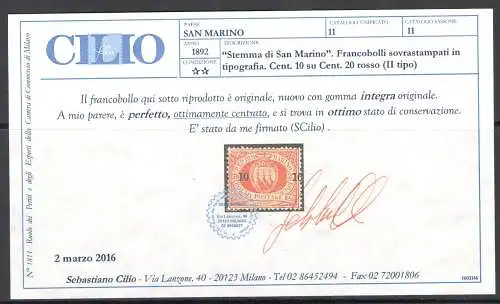 1892 SAN MARINO, Nr. 11 - 10 Cent auf 20 Cent rot - postfrisch **