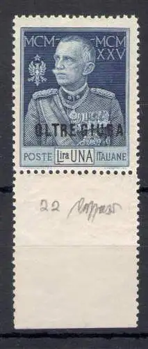 1925-26 Oltre Giuba, Nr. 22, 1 Lira hellblau gezähnt 13 1/2 - postfrisch **