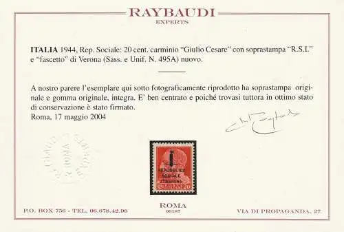 1944 RSI, Nr. 495/A 20c. carminio MNH/** Zertifikat Raybaudi Signature Oliva