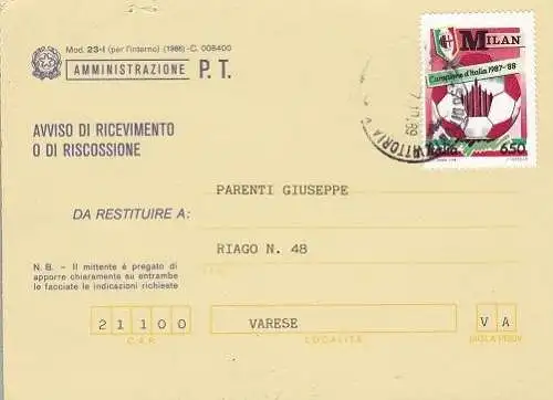 1989 Italien - Republik, Mailand Italienischer Meister auf EMPFANGSBESTÄTIGUNG