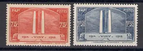 1936 FRANKREICH - Nr. 316/17 Gefallenendenkmal Kanada 2 val MNH / **