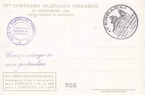 1952 Savonarola,n. 696 Maximum Postkarte mit Sonderstempel